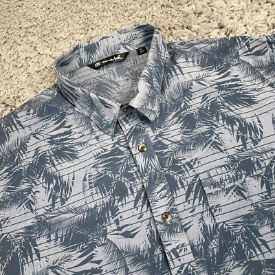 Travis Mathew Shirt Mens X-Large Blue Gray Button Hawaiian Floral Tropical Palm