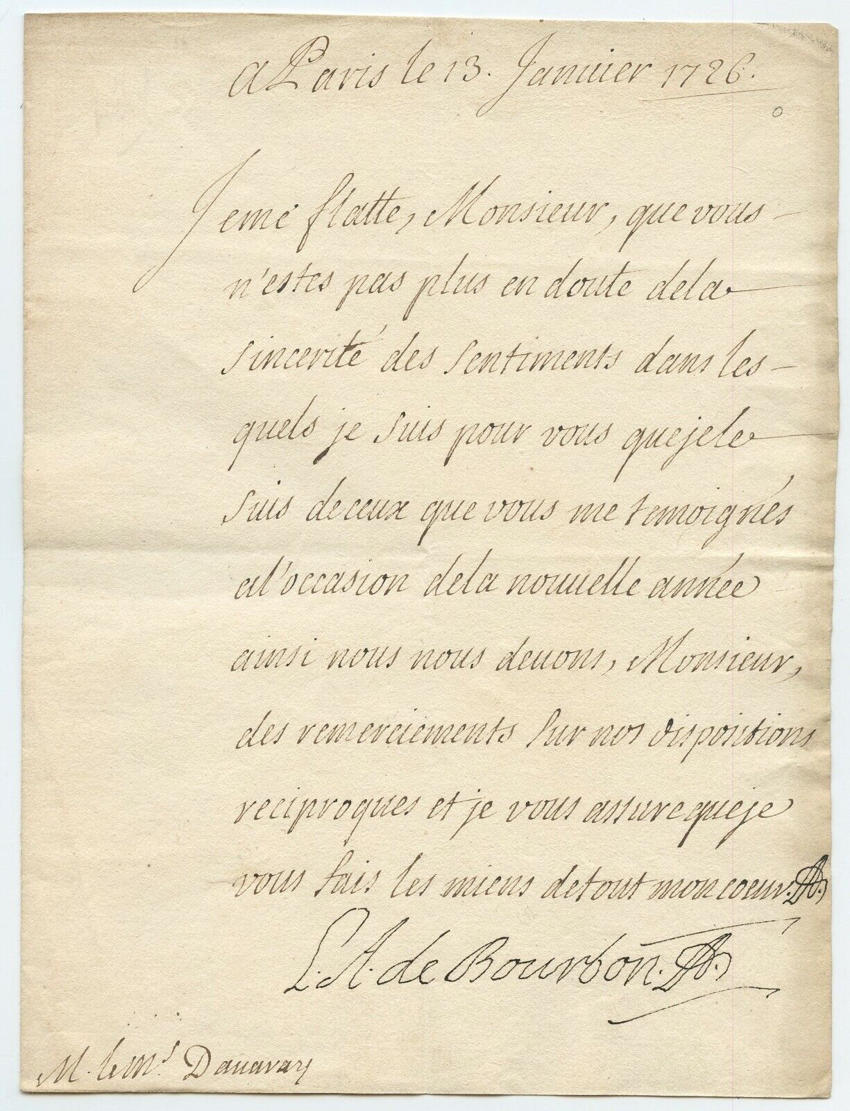 LOUIS AUGUSTE DU BOURBON Duke of Maine Louis XIV Son 1726 Signed Letter