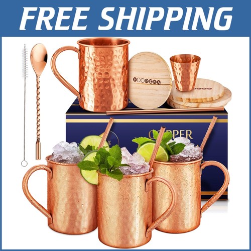 Antique Copper Drinking Mugs Set - 4 Handcrafted Cups with Matching Accessories