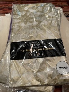 5) Premium Plastic Tablecloth Round 84” Sealed. 3) Gold Lace, 2) Purple. NEW. 