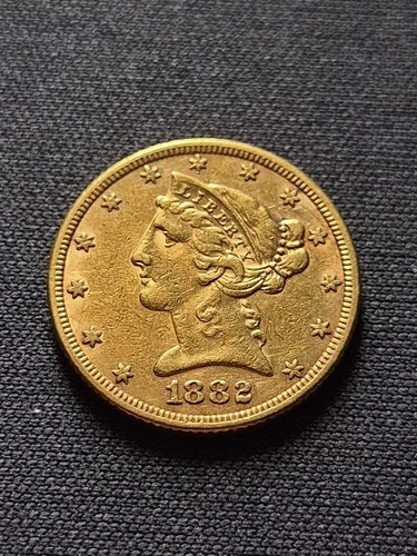 1882 $5 Liberty Head Gold Half Eagle Coin 90% Gold Pre-33 US Gold XF Detail