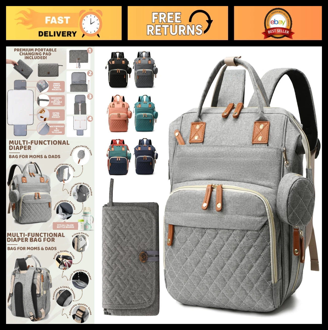 Stylish Diaper Bag Backpack for Toddlers - Gray Baby Bag with Changing Pad, Perf