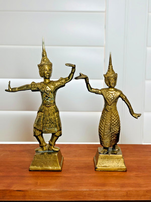 Pair of Vintage Brass Thai Dancer Statues | Male & Female Traditional Dance