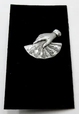 VTG on a card 1" Black Silver tone metal Hand Textured Fan LAPEL TAC PIN Jewelry