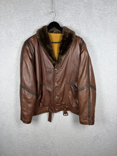 Vintage Vera Pelle Leather Jacket Men’s EU 50 (L) Brown Fur Collar Belted Lined - product listing photo