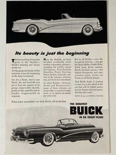 1953 Buick Skylark Convertible Print Ad Beauty Is Just The Beginning Roadster