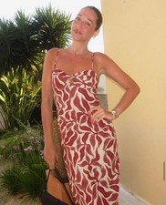 ZARA XS, M, L, NWT SS25 PRINTED RUSTIC LINEN MIDI DRESS ECRU / MAROON | 8372/094