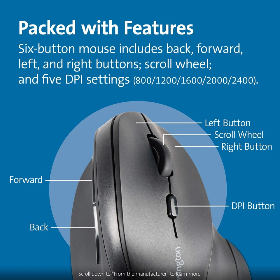 Kensington Ergonomic Vertical Wireless Mouse (K75575WW), Grey/Black Mid-Size - Image 4 of 4