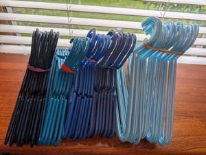Kids Plastic Clothes Hangers, Various Blue Colors & Sizes & Styles, Lot of 54