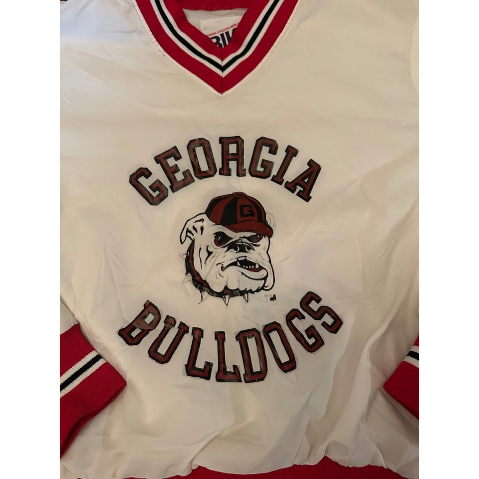 De Colección Años 90 BICICLETA Georgia Bulldogs Mujeres M Pullover Rompevientos Chaqueta Rojo Blanco Defecto Foto 2 de 4