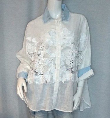 Oversized Hemd Bluse 3D Blüten Spitze Hemdbluse weiß+Denim  S/M 36,38,40,42 Neu
