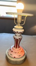 Vtg Bohemian Czech Moser?White Cut to Cranberry Glass Lamp Working