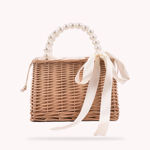 Vintage Damen Rattan Gewebte Tragetaschen Strand Perle Mini Korb Handtasche (B) - Bild 12 von 12