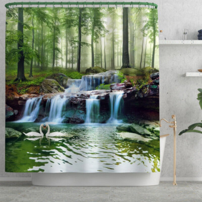 72in Natural-Scenery Shower Curtain Forest Waterfall Print Fabric Decor Bathroom
