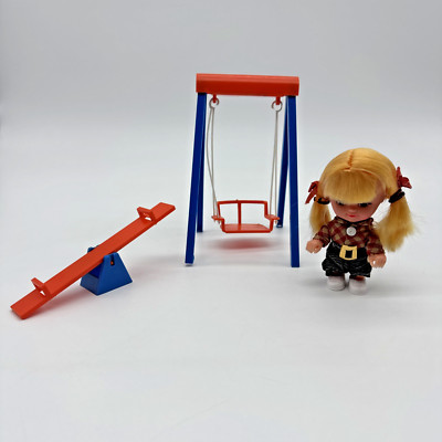 Vtg FUN WORLD Hilary The Play Mate 4  Doll Blonde Hair Swing Teeter Totter 1970s