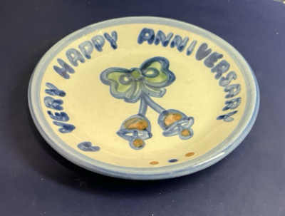 MA Hadley Pottery Happy Anniversary Mini Plate/Coaster 4'' Rare VTG Made in  