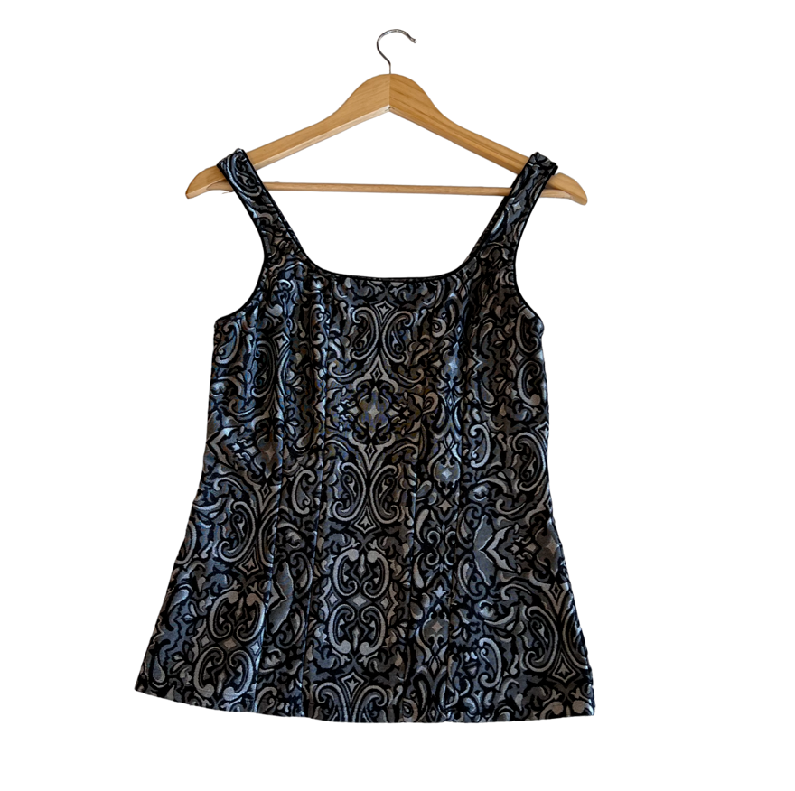 White House Black Market Top SZ Small Black & Gray Jacquard Baroque