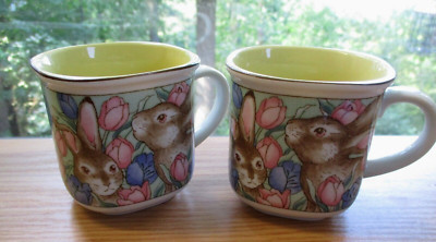 Vintage Takahashi Mug Cup Buny Rabbit Tulips Easter Spring Japan San Francisco