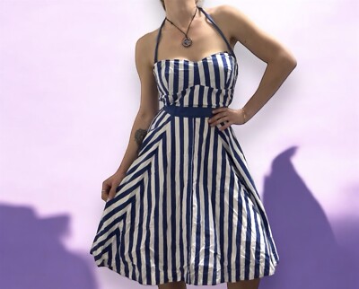 TREE OF LIFE 100% Cotton Blue White Striped A-Line Dress | eBay