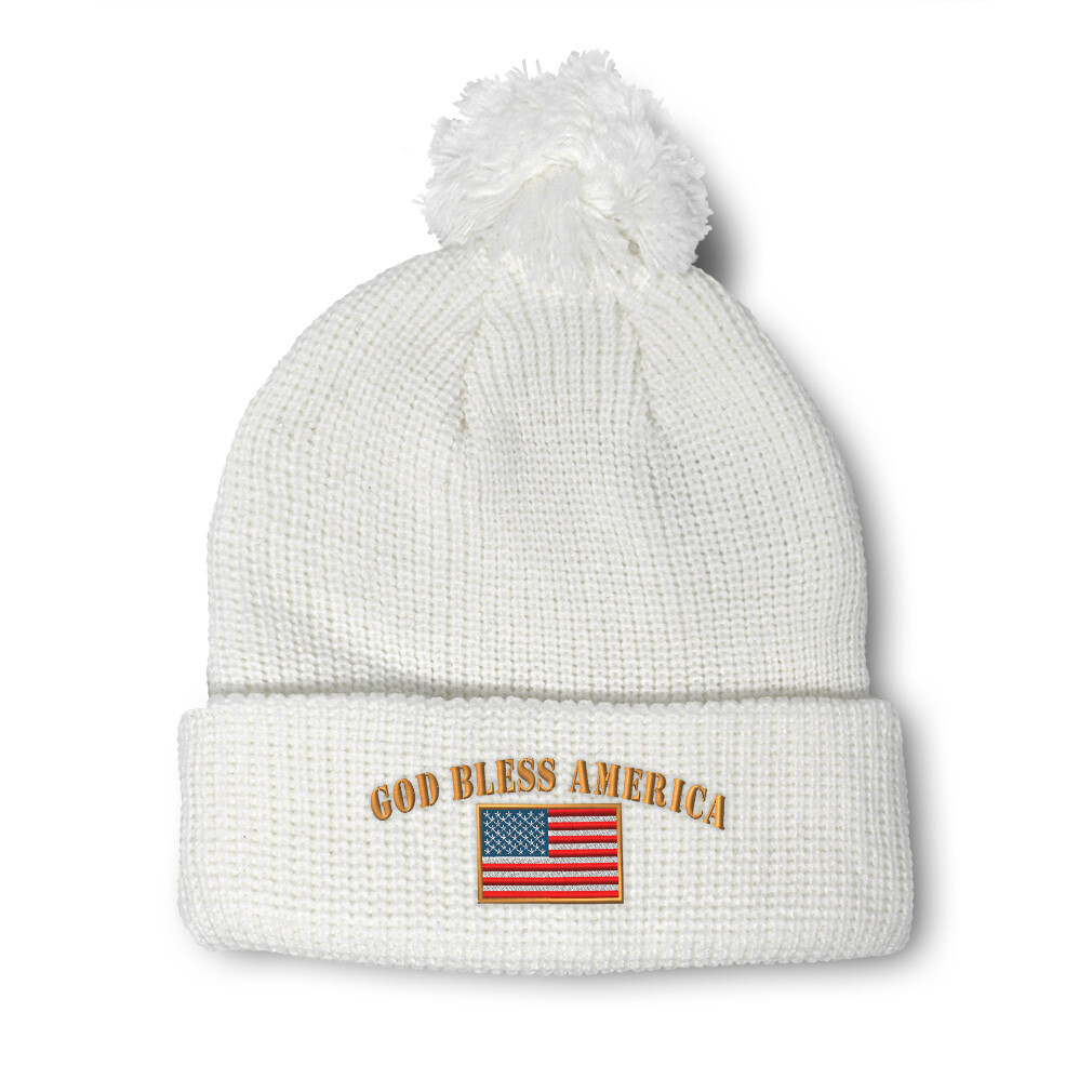 Patriotic God Bless America Embroidered Pom Pom Beanie for Women