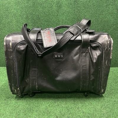 Tumi Black Leather Vintage 70s 80s Weekender Suitcase Classis Distressed Wheeled