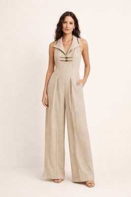 Barbara Barbara Women s Halter Beige Jumpsuit Wideleg Size 4