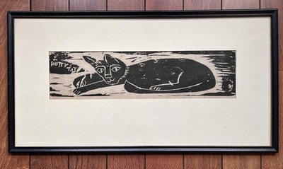 Vintage Woodcut Print Cat Signed And Numbered Title  Putty Tat  Black/Tan 11x21 