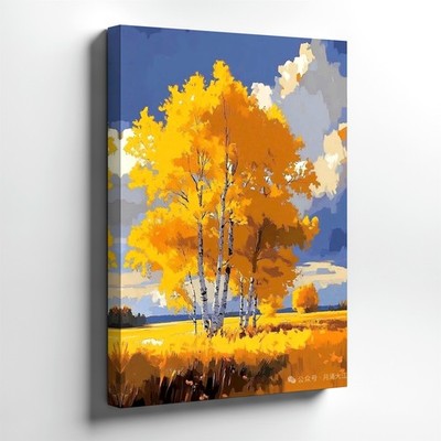Wall Art Autumn Birch Trees Landscape Canvas Print Yellow Field Blue Sky Decor