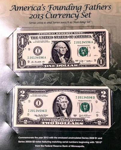 2013 America’s Founding Fathers Currency Set – Matching Serials – $1 & $2 UNC