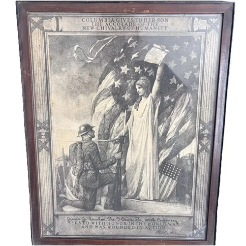 Antique Original WW1 Military Infantry Company Wounded In Action Letter Framed