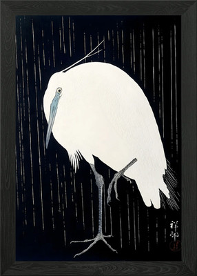 Ukiyo e Reiher im Regen Gerahmtes Wandbild Poster Leinwanddruck Bild