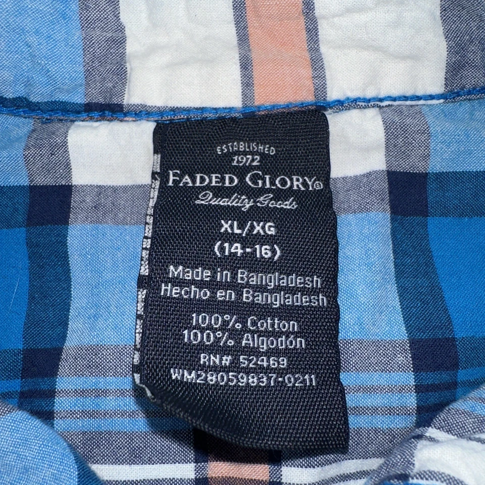 Camisa Faded Glory, Juvenil XL (14-16) Azul/Tostado/Blanco Manga Corta a Cuadros Foto 4 de 4