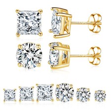 6 Pairs 925 Sterling Silver Gold Stud Earring Set, 18K Gold Plated Round Squa...