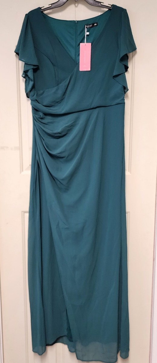 shein curve plus formal dresses Women's 0XL Teal Solid Chiffon Maxi Boat Neck Ruffle Zip trend_flowy