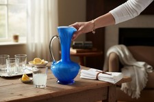 Vintage MCM Cased Art Glass Ewer Pitcher Cobalt Blue Body Clear Glass Handle 8"