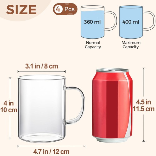 14 Unzen Glas Kaffeetassen 4er Set, Klarglas Kaffeetasse mit großem Griff, Groß... - Bild 2 von 9