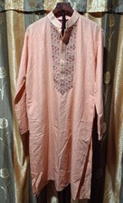 Sultan Men s Peach Embroidered Kurta Size 44 XL Indian Wedding Festive Tunic
