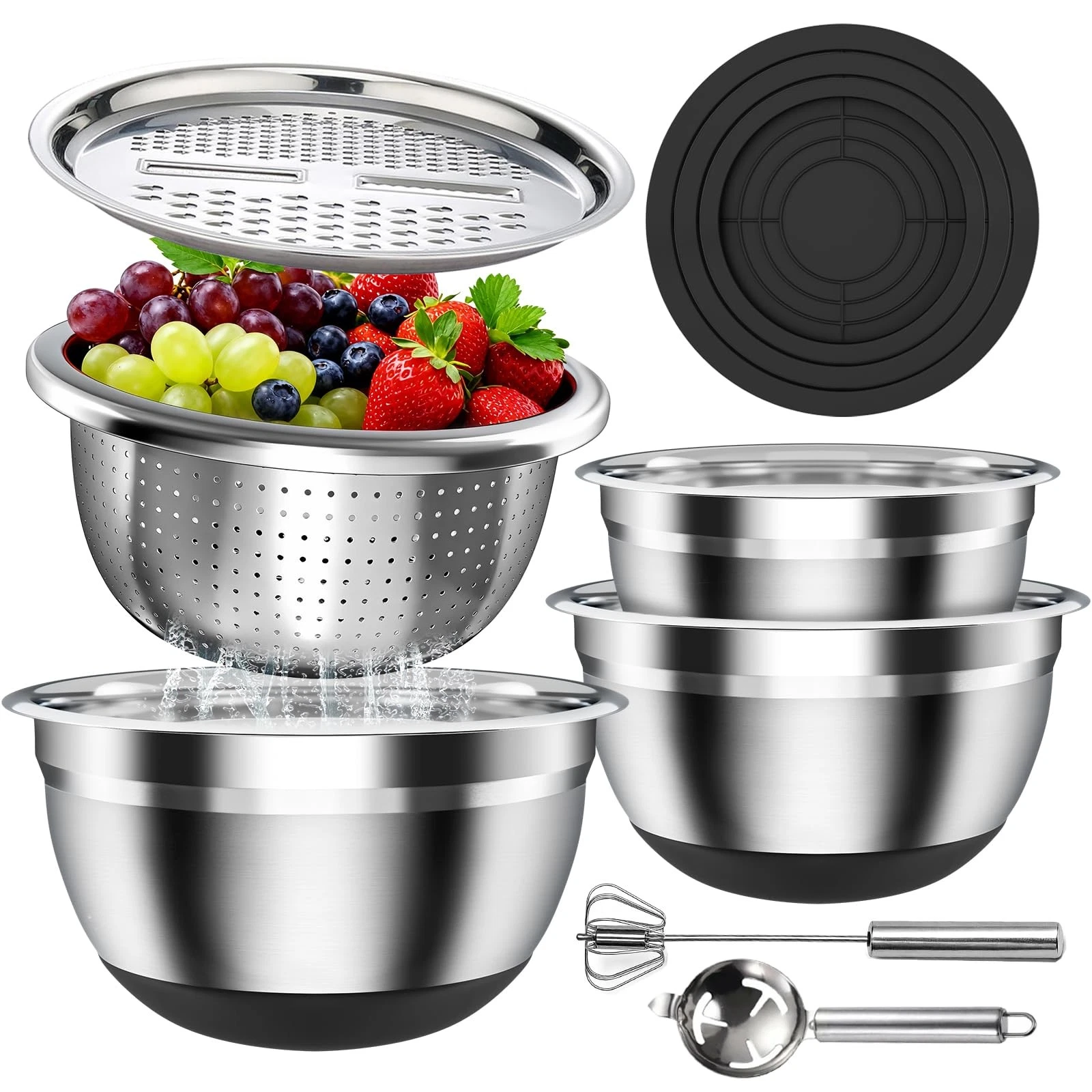 Stainless Steel Mixing Bowls Set with Lids & Silicone Base - 7-Piece Kitchen ...