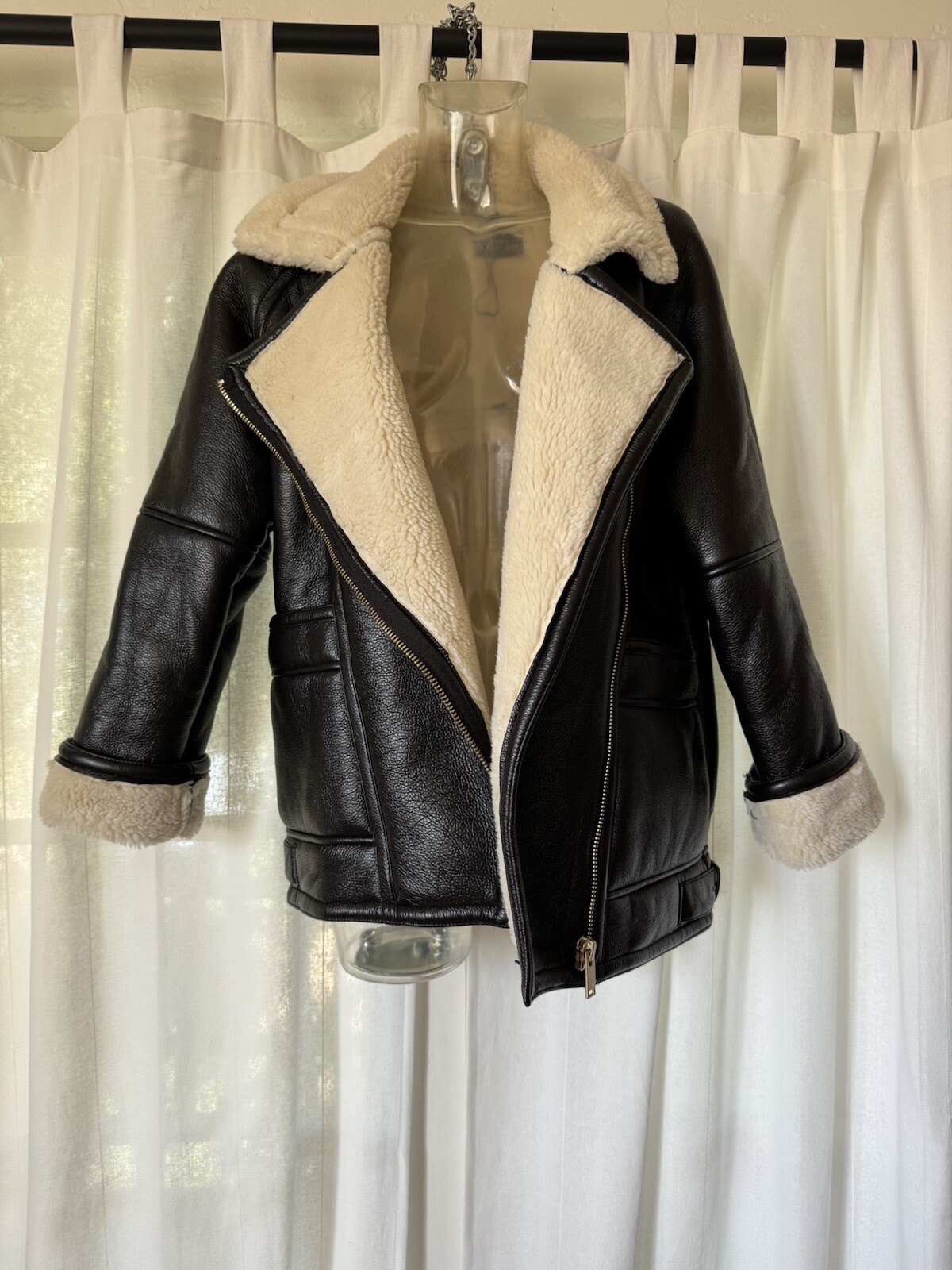 Black Brown Leather and Shearling Biker Coat Size US Small image 4