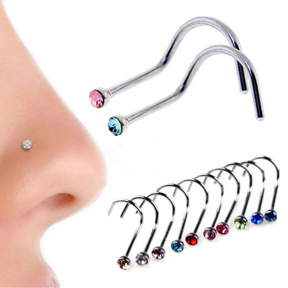 2PCS Crystal Surgical Steel Small Gem Screw Nose Stud Nose Ring Hoop Piercing