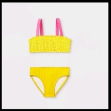 Cat  Jack Girls' Yellow W/ Polka Dots  Pink Trim 2 Pc Bikini Large 10/12 NEW