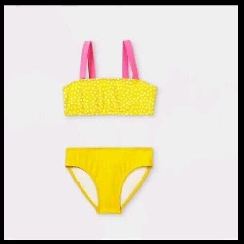 Bikini grande de 2 piezas Cat & Jack amarillo con lunares y ribete rosa para niñas (10/12) NUEVO - Imagen 1 de 2