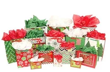 Christmas Bag Variety Pack, 15 Bags Various Sizes and 45 Sheets of Colorful Tiss