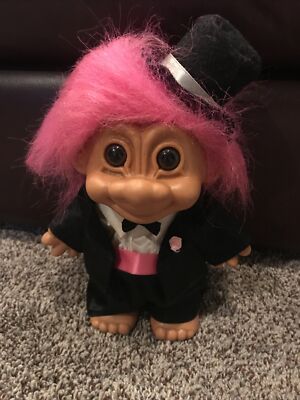 RARE 1990's * RUSS * Brand Troll, 9'' Tall Groom: #18347 Pink Hair, Tux, Top Hat 