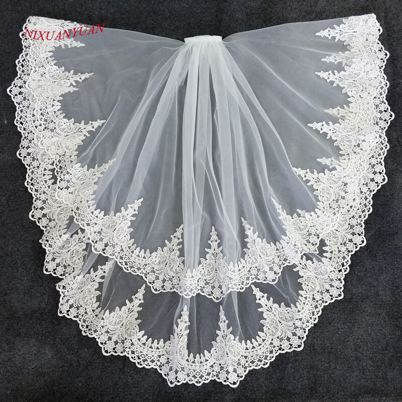 Two Layer White Ivory Tulle Bridal Veil With Comb Lace Edge Short