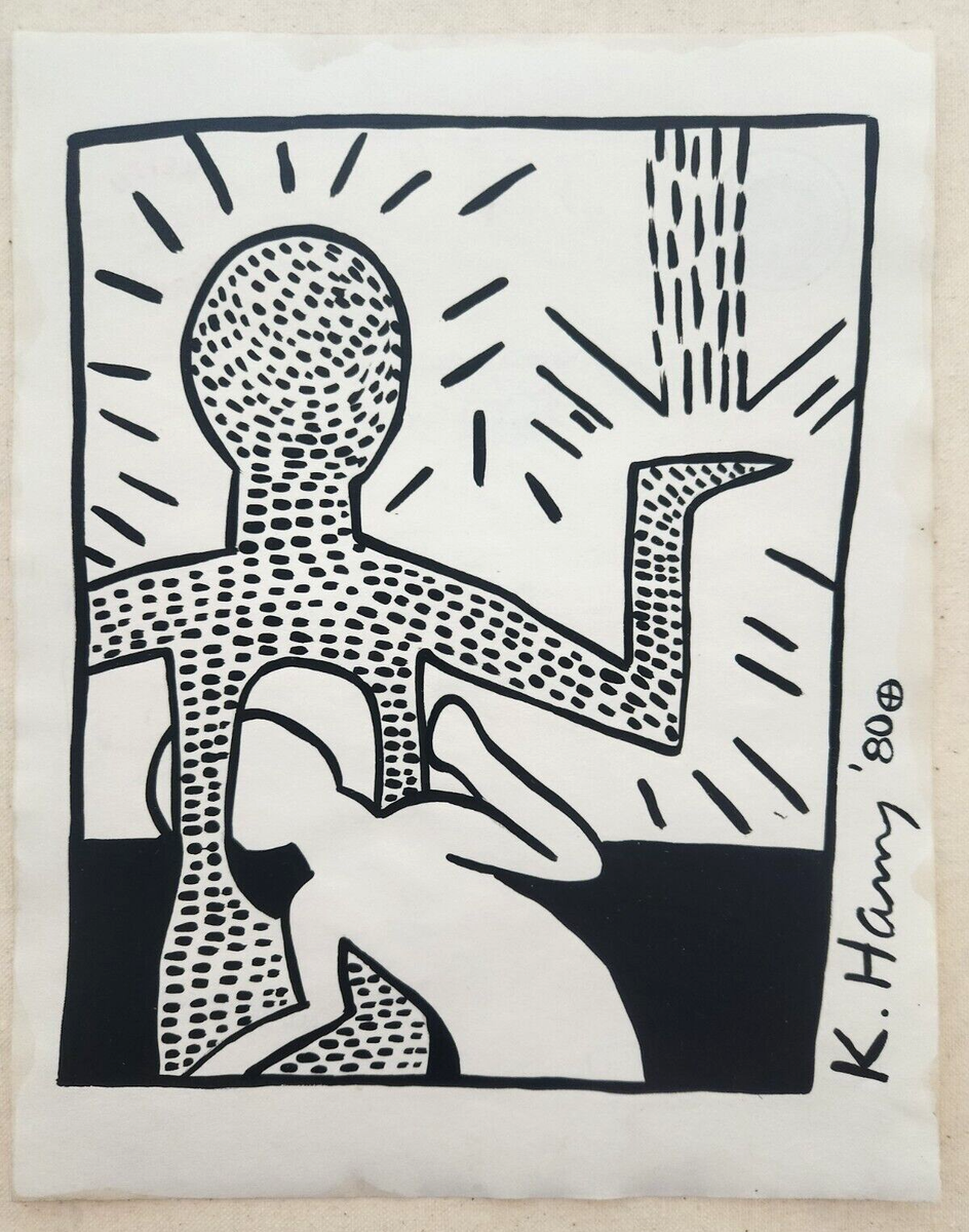 KEITH HARING アート作品 未使用 KEITH HARING painting on paper (Handmade) signed and stamped