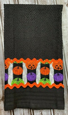 Black Mainstays Kitchen Hand Towel Halloween Pumpkins Fabric w Orange Trim