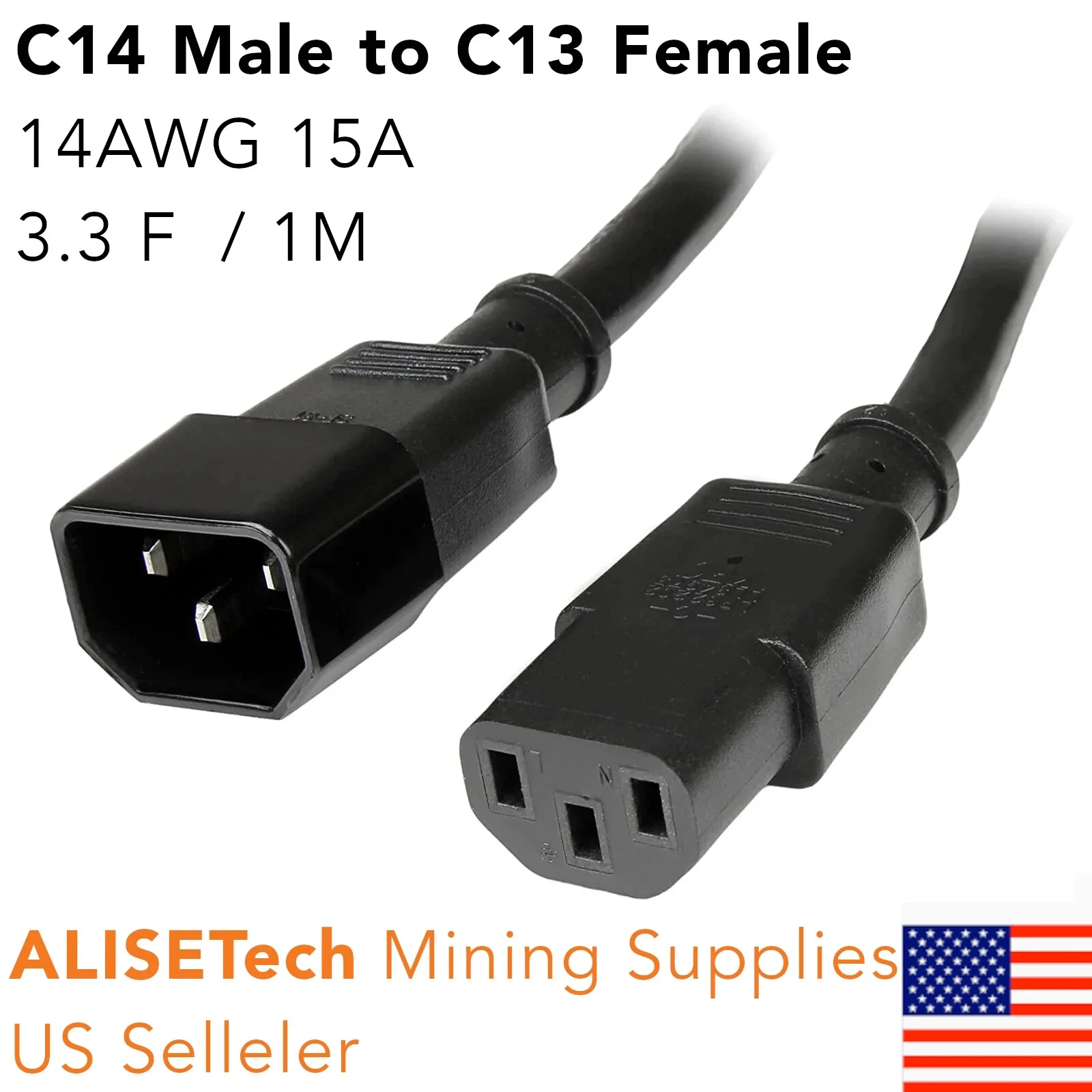 C14 M to C13 F Heavy Duty Power Extension Cord 3.3 ft - 14 AWG 20A