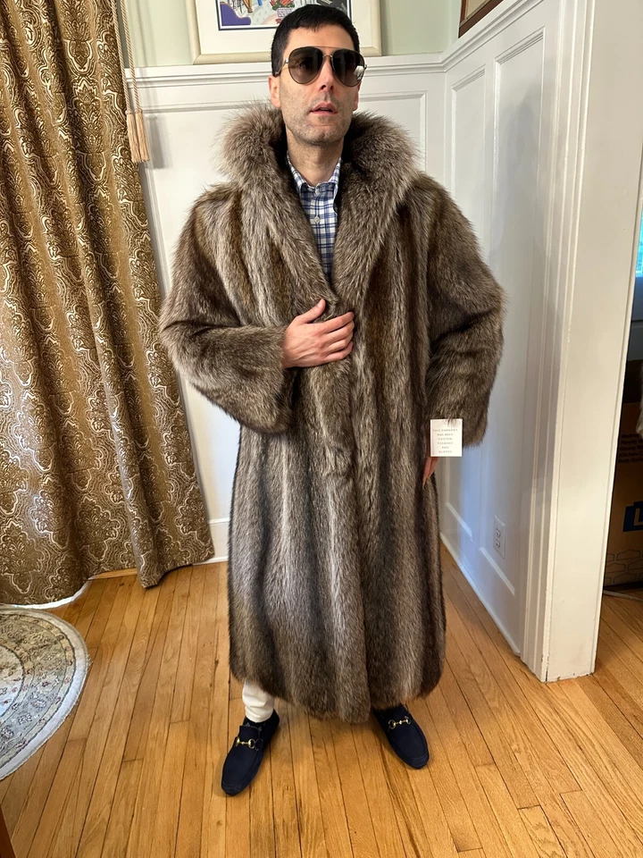 NEW Real 47" Long Mens Silver-Tipped Raccoon Fur Jacket Size 40R Medium Top Coat - Image 3 of 4