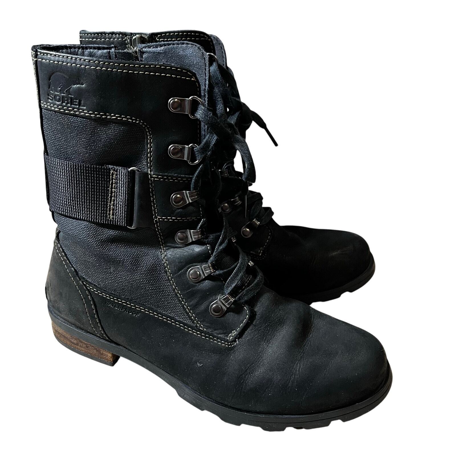 Sorel Emelie Conquest Black Leather Waterproof Combat Boots Women's Size 8.5